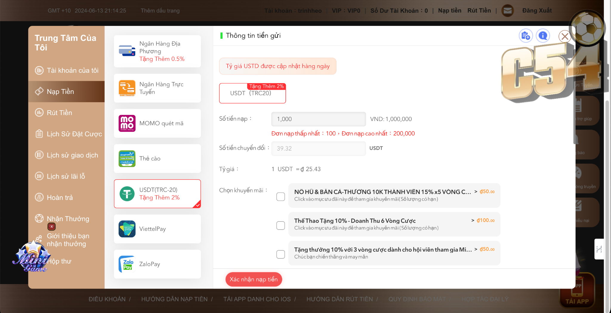 Nạp tiền thông qua hình thức USDT để được tặng thêm 2%